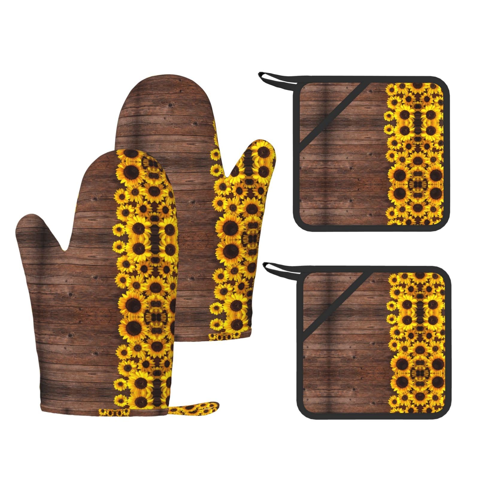 Sunflower Plank Printed Potholder and Oven Mitt Set of 4, High Heat Resistant Cooking Gloves for BBQ Grilling