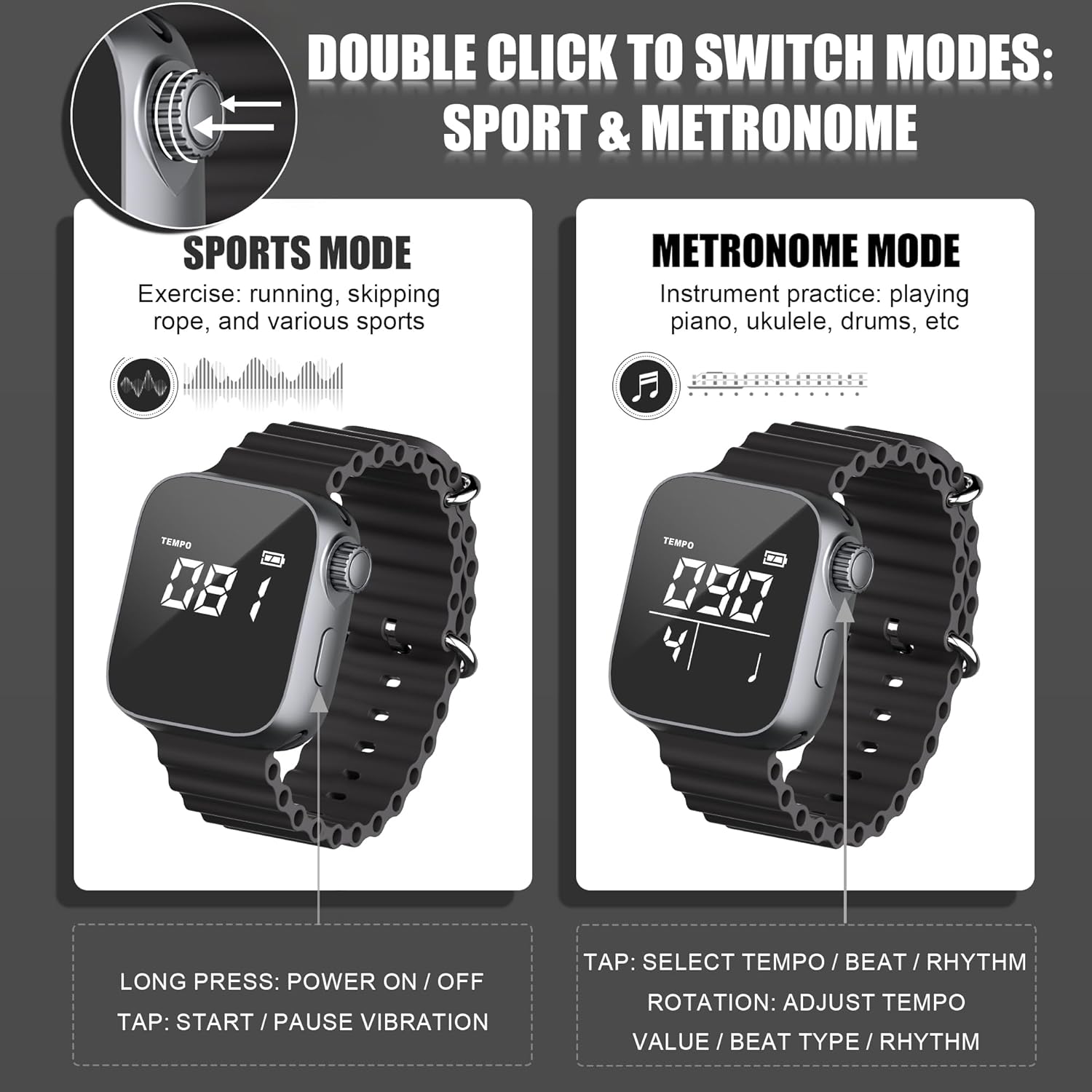 Aklot Vibrating Metronome Watch, Switchable Metronome or Sport Mode, Precision Pulse Wearable Metronomes for Instrumental Beginners, Musicians, Exercisers with Magnetic Charging Cable, Manual (Black)