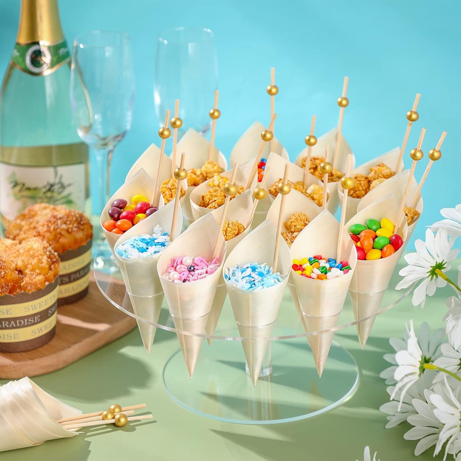 CEWROM Soporte para conos de helado,estante de exhibición cónico de pastel de yakele transparente de 16 agujeros, soporte para obleas de hielo, para decoración de Navidad, cumpleaños, fiesta