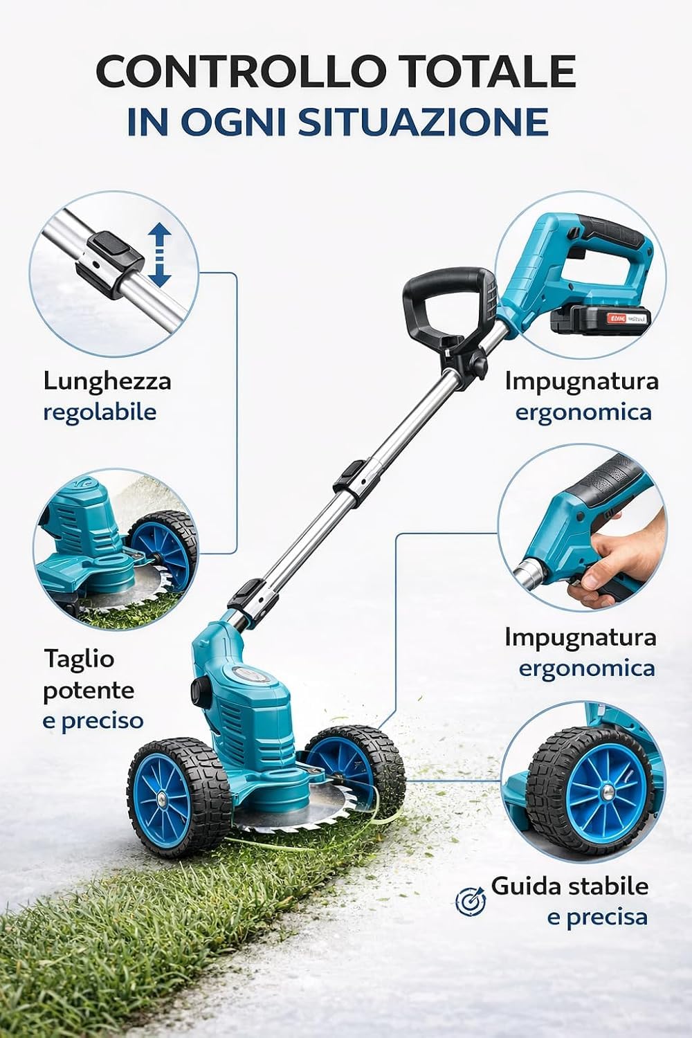 Decespugliatore a Batteria 48V max con Ruote, Tagliabordi Elettrico Multifunzione, 2 Batterie Incluse, Altezza Regolabile 90-120cm, Testina Orientabile 90°, Leggero, Ideale per Prato, Erbacce e Rovi