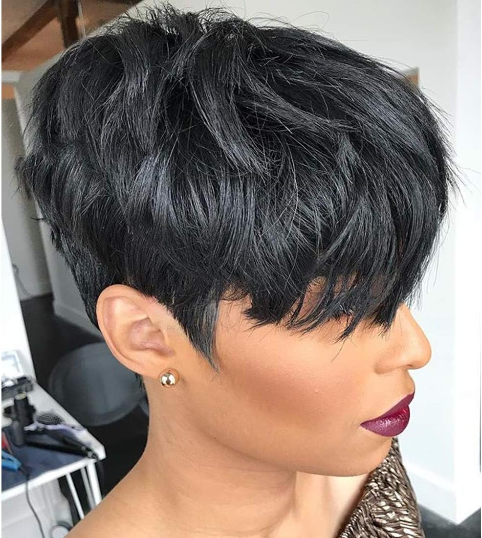 Human Hair Short Wigs Pixie Cut Wigs with Bangs Short Black Layered Wavy Wigs for Women 1B Color