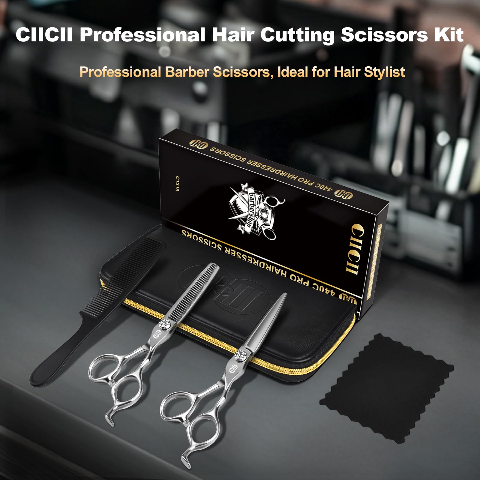 CIICII Professional Hair Cutting Scissors Shears Kit, 440C 6.7 Inch Barber Haircut Scissors Set (Hair Beard Trimming Haircutting Thinning Shears) for Hairdressing Stylist Hairdresser Salon Home