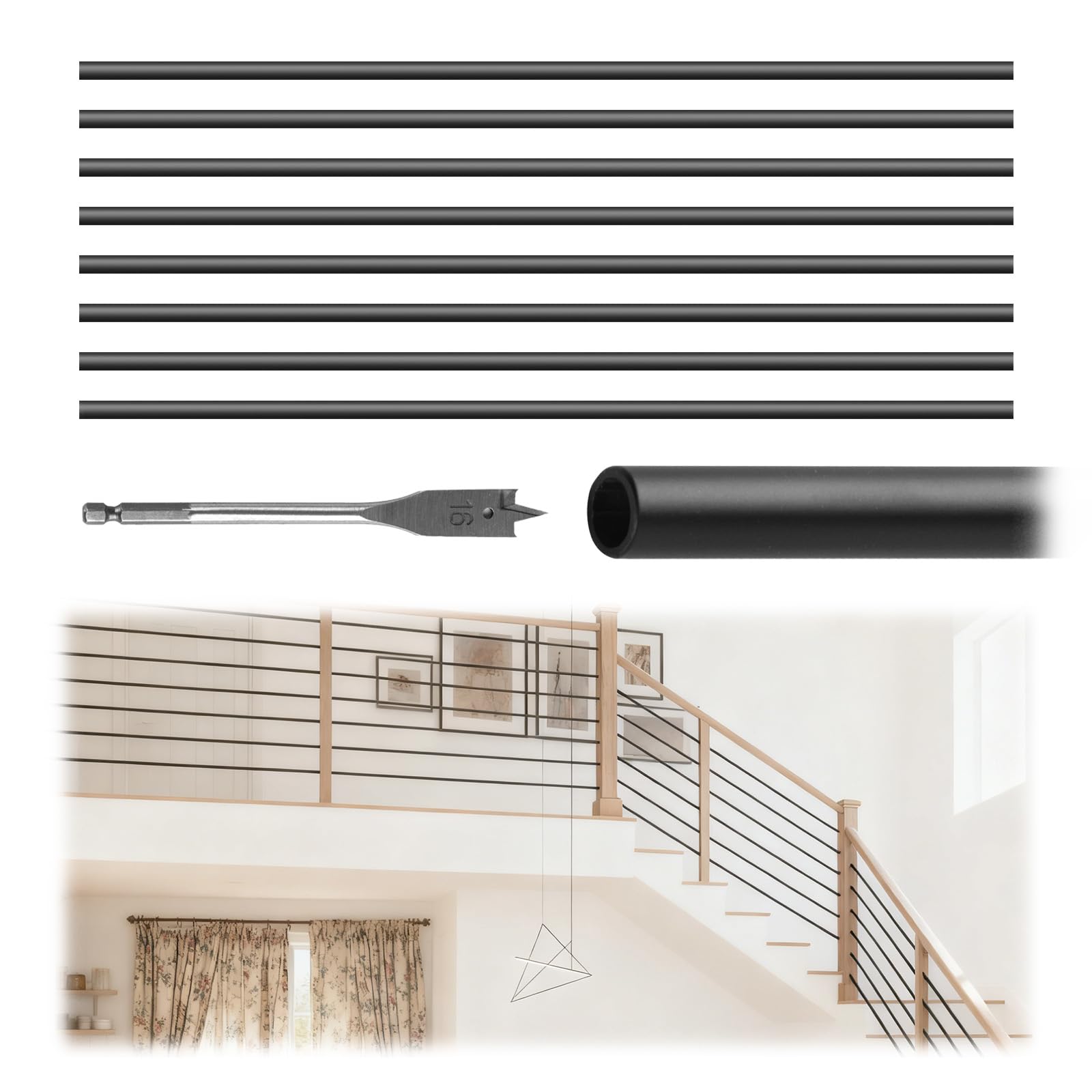 Patavin 8 Foot x 5/8-inch Round Horizontal Bar Baluster for Stair Remodel- Wrought Iron Hollow Staircase Metal Spindles for Indoor Staircase-Matte