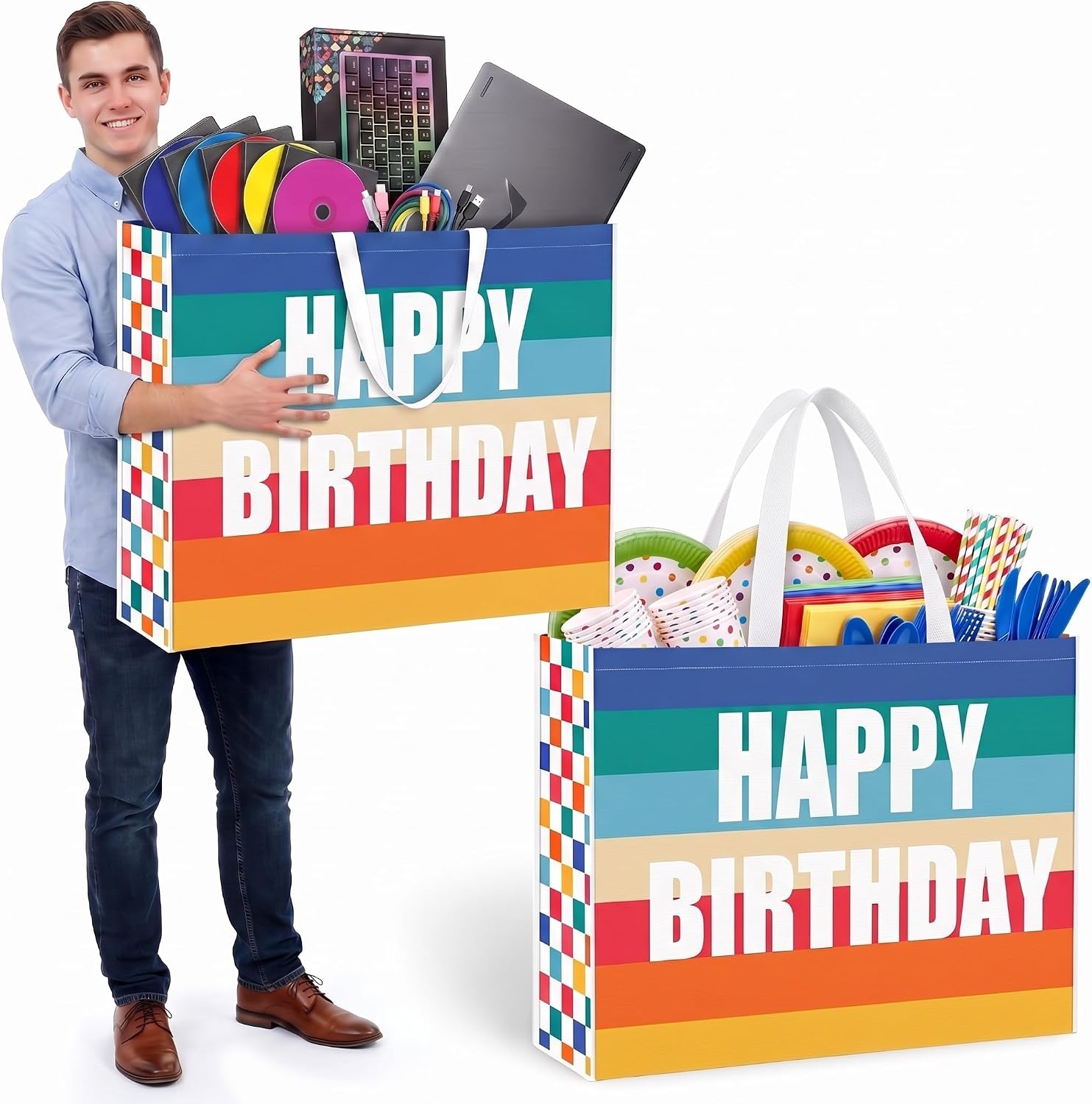 Pickmesh 2 Pcs Extra Large Birthday Bags Colorful Happy Birthday Gift Bag Oversize Fabric Wrapping Pouch for Wedding Baby Shower Party Giant Present Wrap Supplies,Rainbow Birthday,Multicolor,1 Pcs
