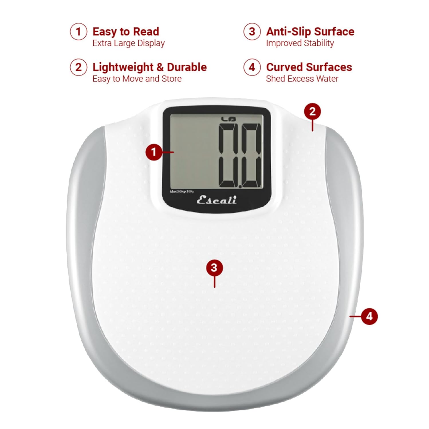 Escali Extra Large Display Digital Bathroom Scale for Body Weight with Easy-to-Read Display and Non-Slip Platform, Extra-High Capacity of 440 lb, Batteries Included