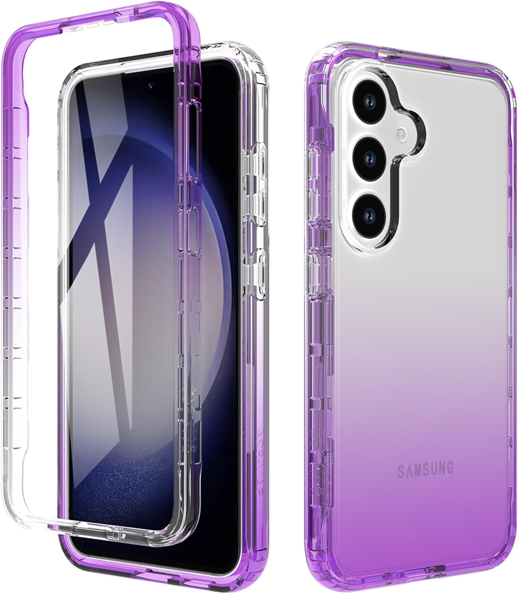 for Samsung Galaxy S24 Clear Case, Soft TPU Dustproof Shockproof 360° Full-Body Cover Built-in PC Hybrid Bumper Frame, Built-in Screen Protector, Purple