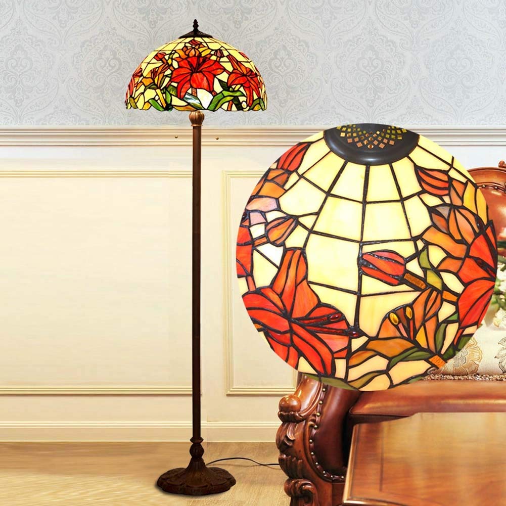 IUokLU 16 inch Tiffany-style Floor Lamp,Stained Glass Shade Floor Lights with Pull Chain,2 Light Vintage Decoration Floor Uplighter/Bedroom/Office, E27 (E)