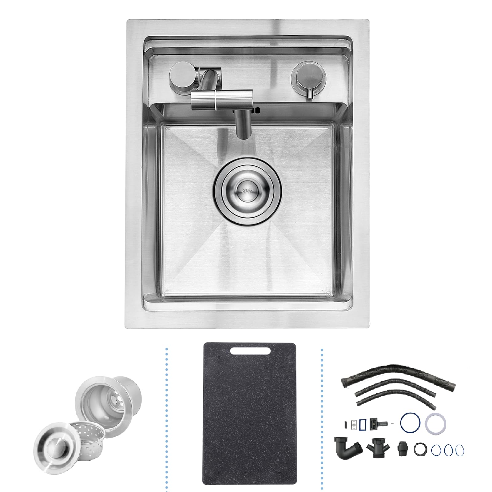 Lavello da Cucina/Bar a Scomparsa, 30 x 45 cm con Rubinetto Pieghevole, Lavello Sottotop Nascosto in Acciaio Inox con Tagliere, Postazione di Lavoro a Vasca Singola per Piccole Cucine e RV, Argento
