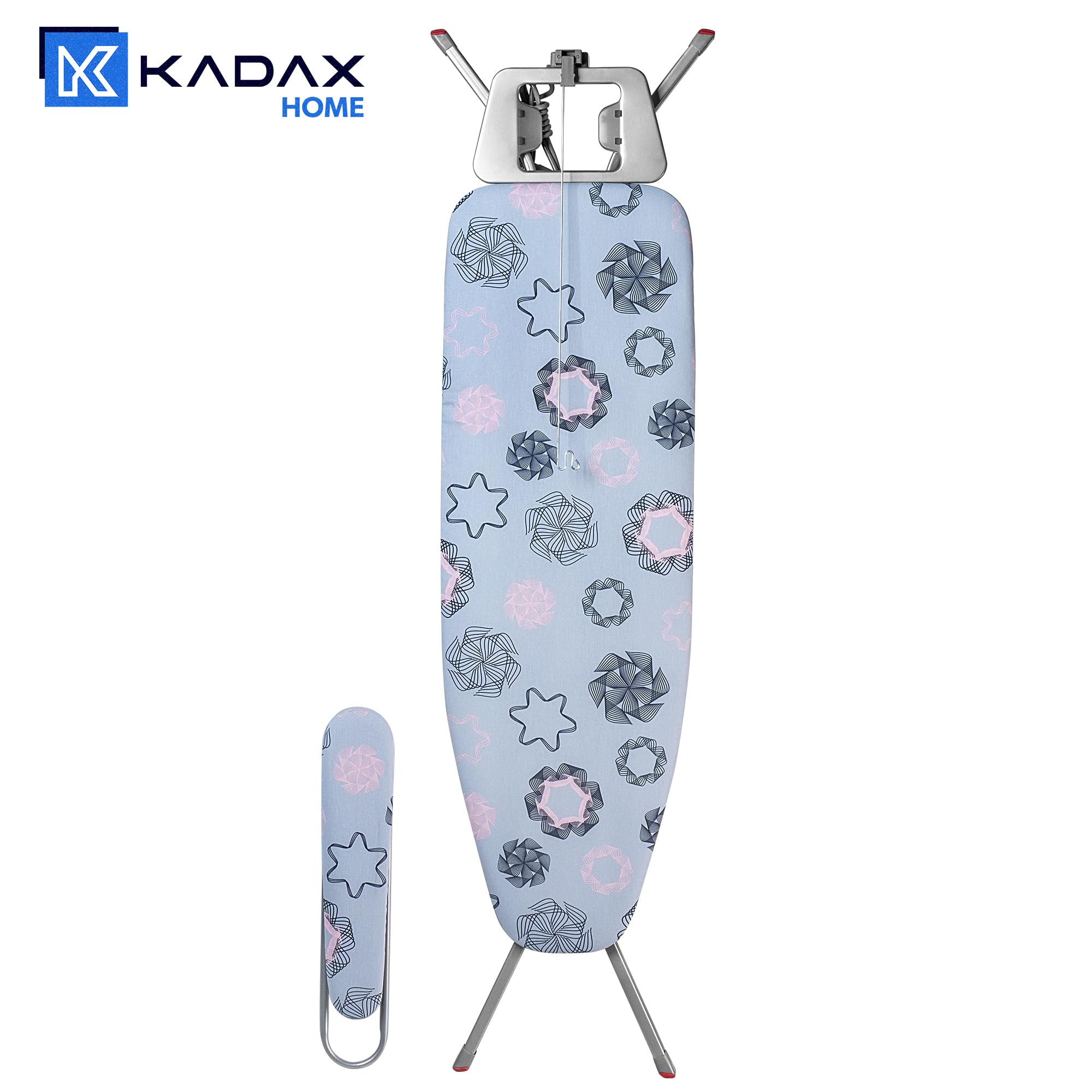 KADAX Table à Repasser avec Jeannette - Bleu 120x30 cm - Repassage Vapeur avec Support de câble et rallonge intégrée - Anti-Pliage accidentel Pieds antidérapants et étagère vêtement
