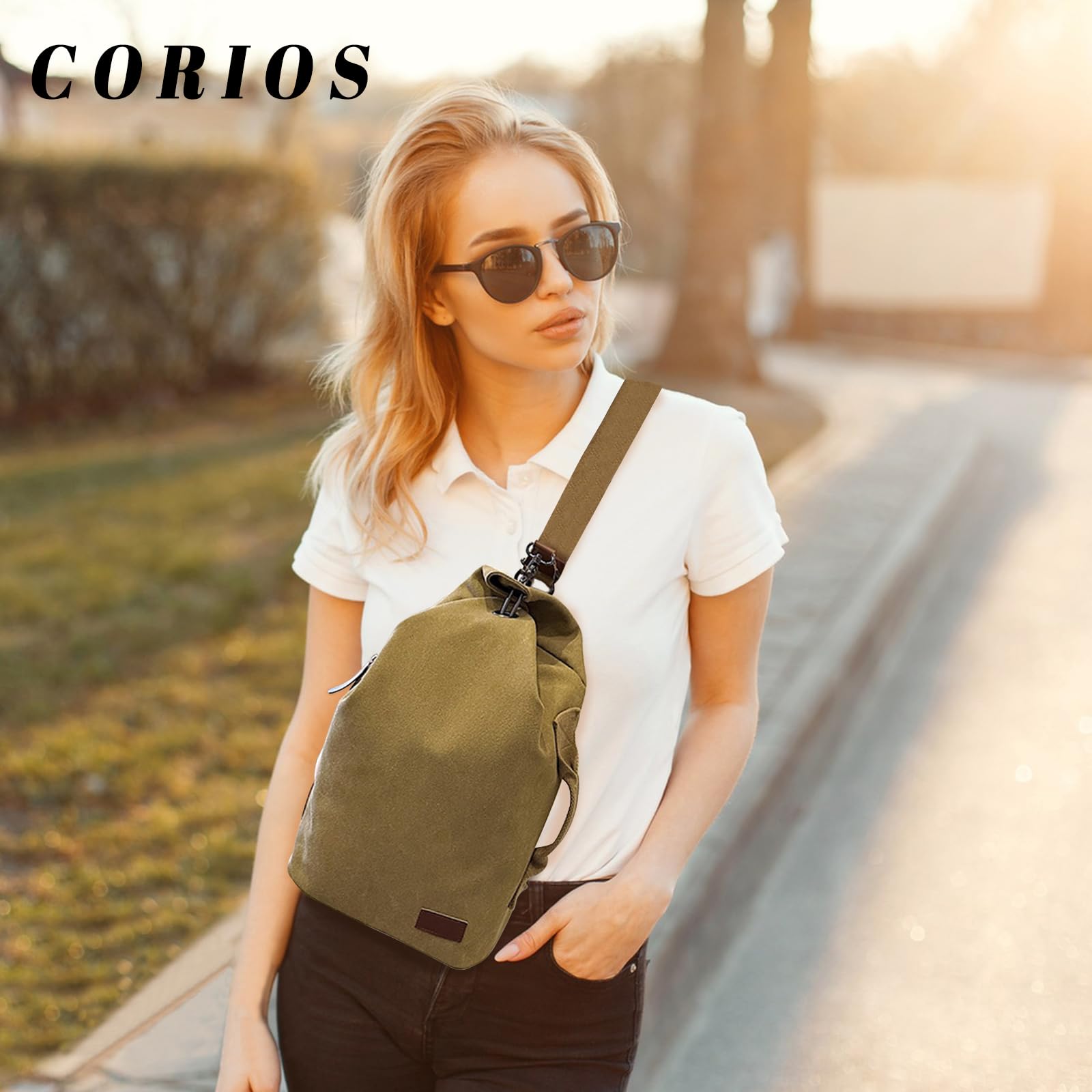 CORIOS Unisex Brusttasche Sling Rucksack Herren Damen Canvas Schultertasche Leicht Crossbody Umhängetasche Sporttasche Beiläufig Chest Bag Crossover Daypack für Reise Wandern Laufen Klettern Khaki