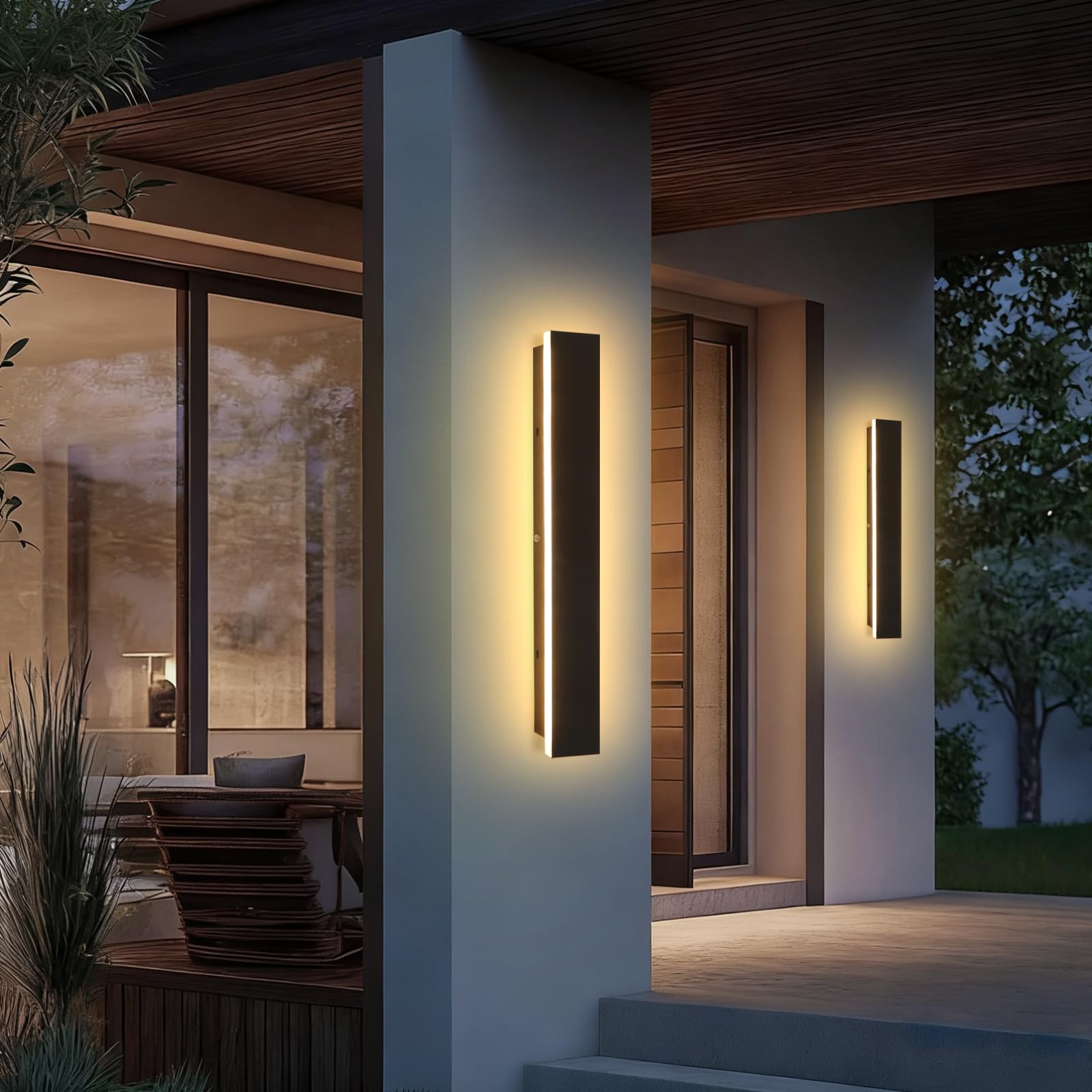 long outdoor wall light 2 pack 23.6 inch modern outdoor lights 3000k exterior porch lights ip65 waterproof linear led exterior wall light for front door garage courtyard