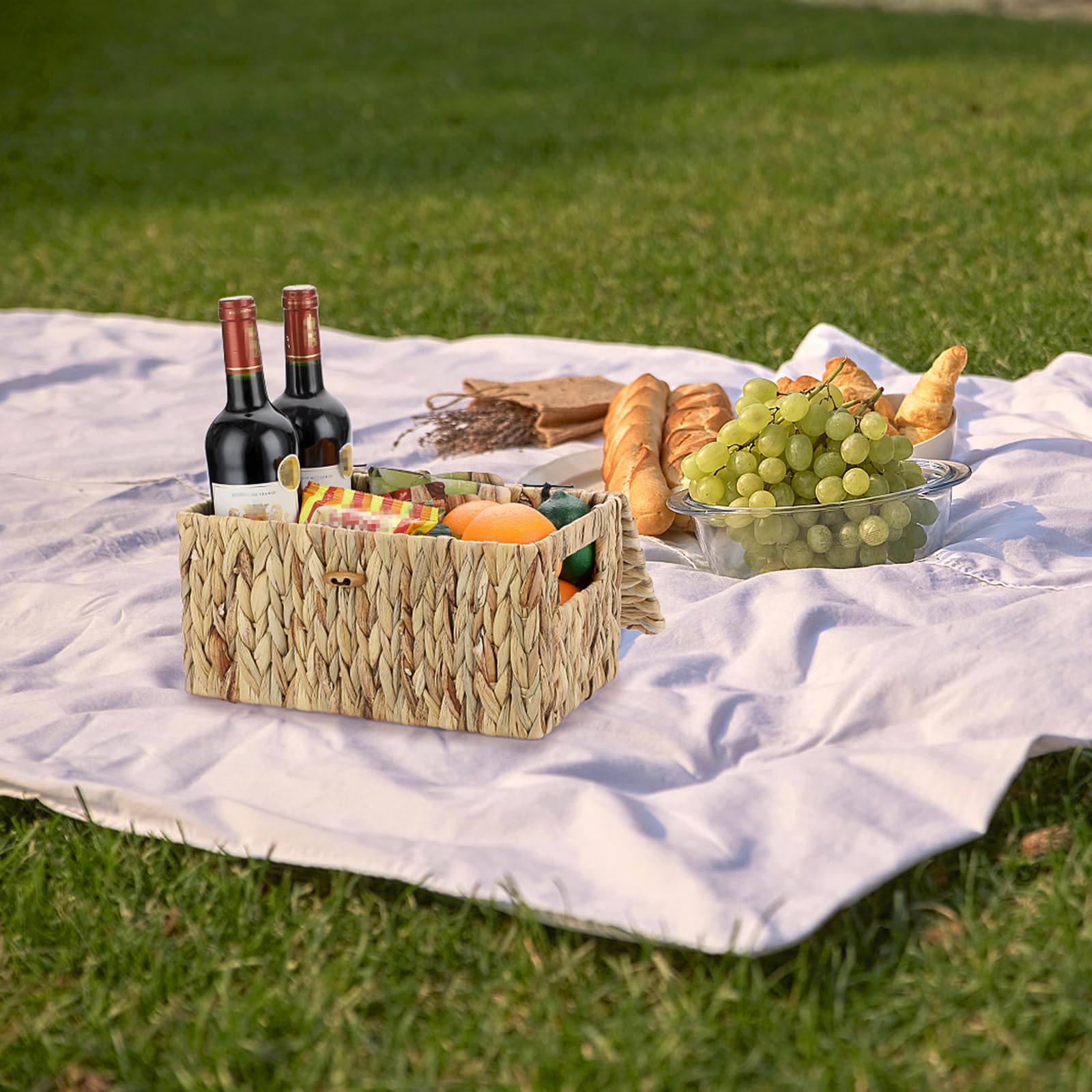 OGANAZI Cajas de mimbre de jacinto de agua natural, cestas de almacenamiento de mimbre tejido con tapas, cestas de almacenamiento para baño, dormitorio, cocina, oficina, 31 x 18 x 16 cm (mediana)