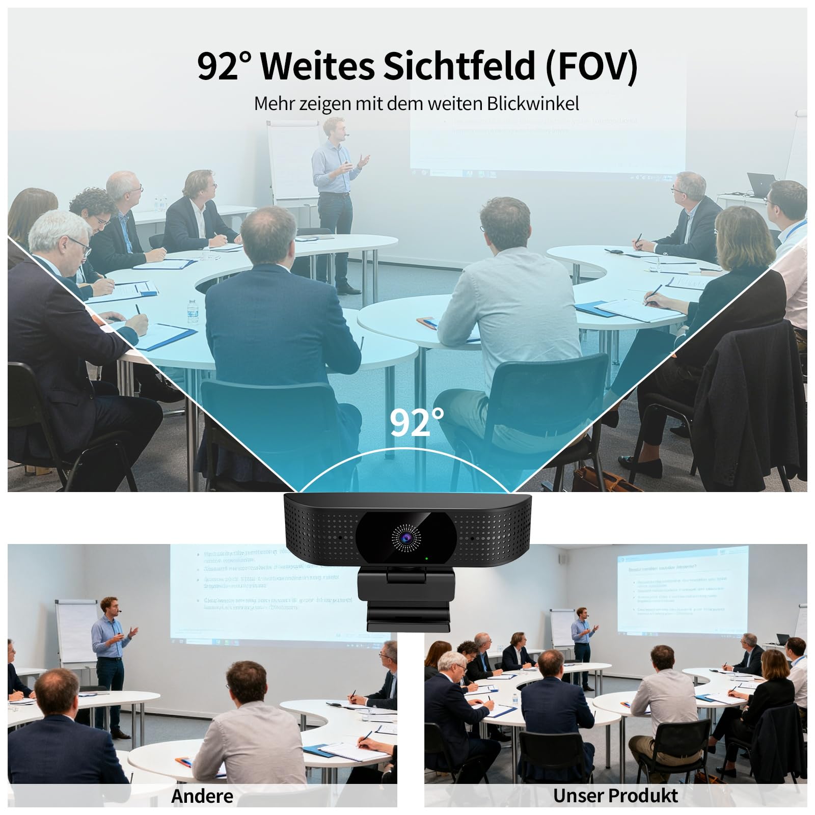 1080P Wireless Webcam für PC, Webcam mit geräuschreduzierendem Mikrofon, 92°FOV, 360° Drehung, Plug and Play, kabellose Kamera für Konferenzbesprechungen (USB-Kabel Stromversorgung)