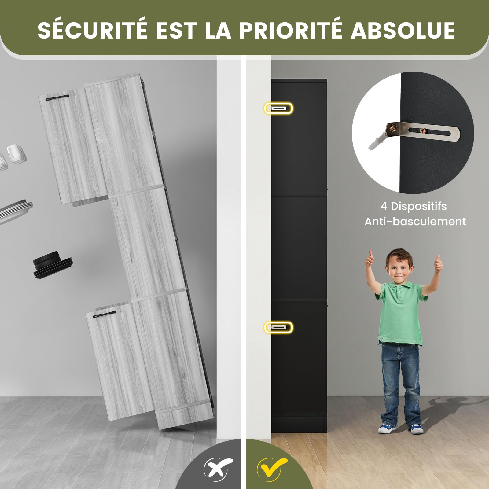 GIANTEX Buffet Cuisine Haut 190 cm, Meuble Cuisine Rangement avec 4 Portes, 2 Compartiments Ouverts, 4 Kits Anti-basculement, Armoire de Rangement 6 Etagères pour Salle de Bain (Noir)