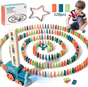 Domino Train Toy,120PCS Domino Blocks Set,Automatic Domino Laying Building and Stacking Toy with Sound and Light,Blocks Domino Train Blocks Set for Children X007-1