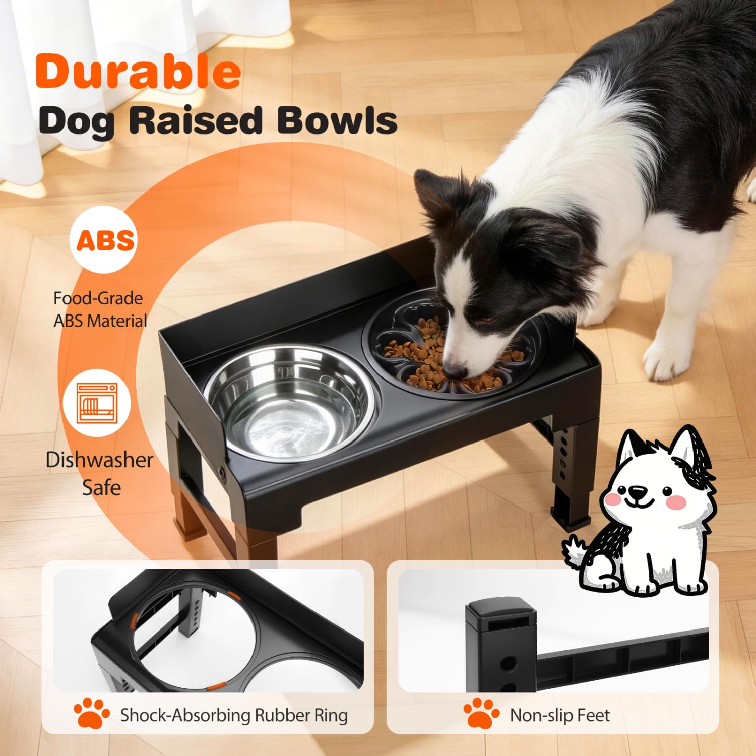 Nobleza Comedero Elevado para Perros Ajustable (6 Alturas), Soporte con Inclinación de 5° o 10° y Borde Antisalpicaduras, 1 x 1000ml Cuenco Acero Inoxidable, 1 x 600ml Comedero Perro Antivoracidad