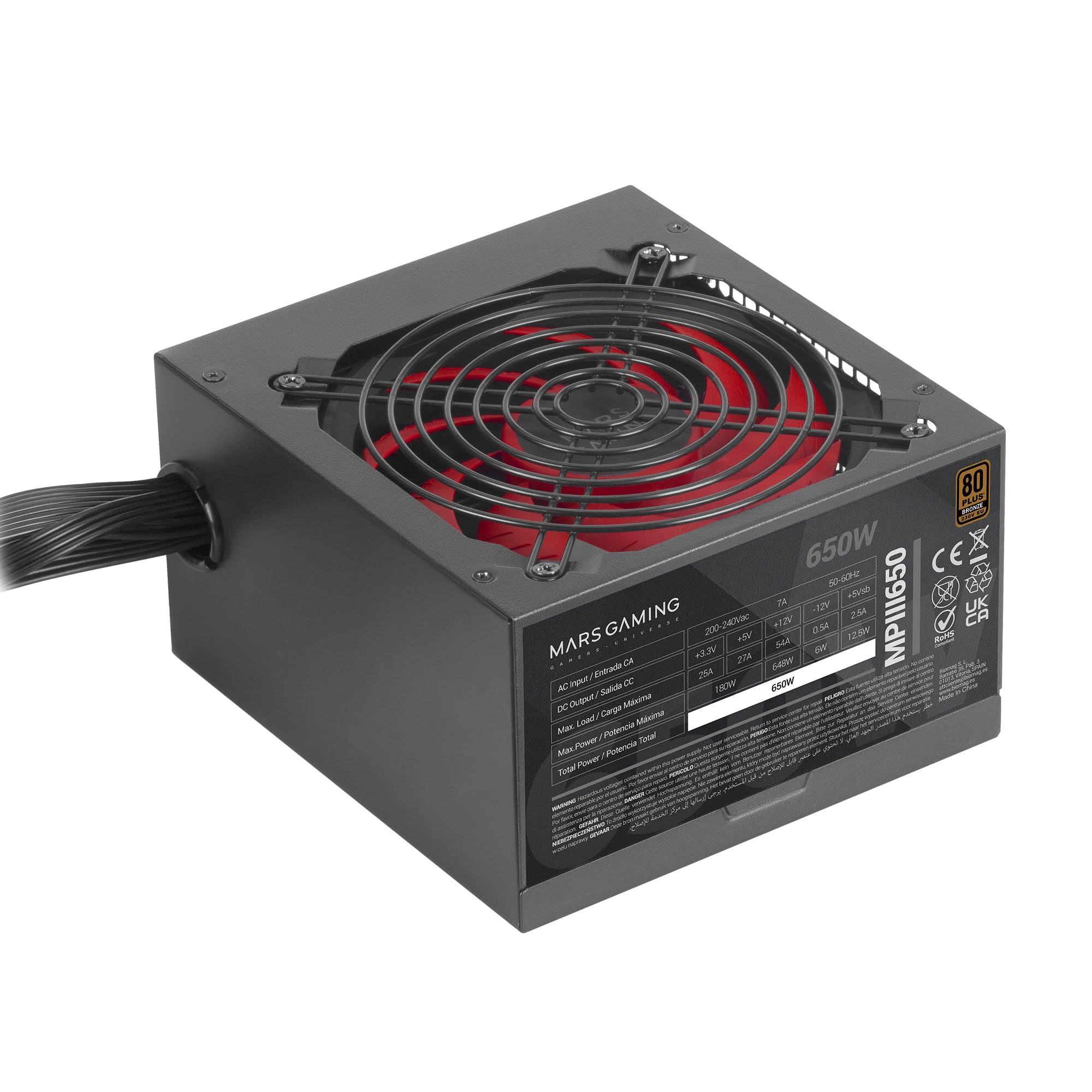 Mars Gaming MPIII650 Alimentation ATX 650W, 80 Plus Bronze, Noir | Garantie 5 Ans, Certification 80Plus Bronze, Efficacité 86 %, APFC, Ventilateur FDB 120mm AI-RPM, DC-DC et SMD