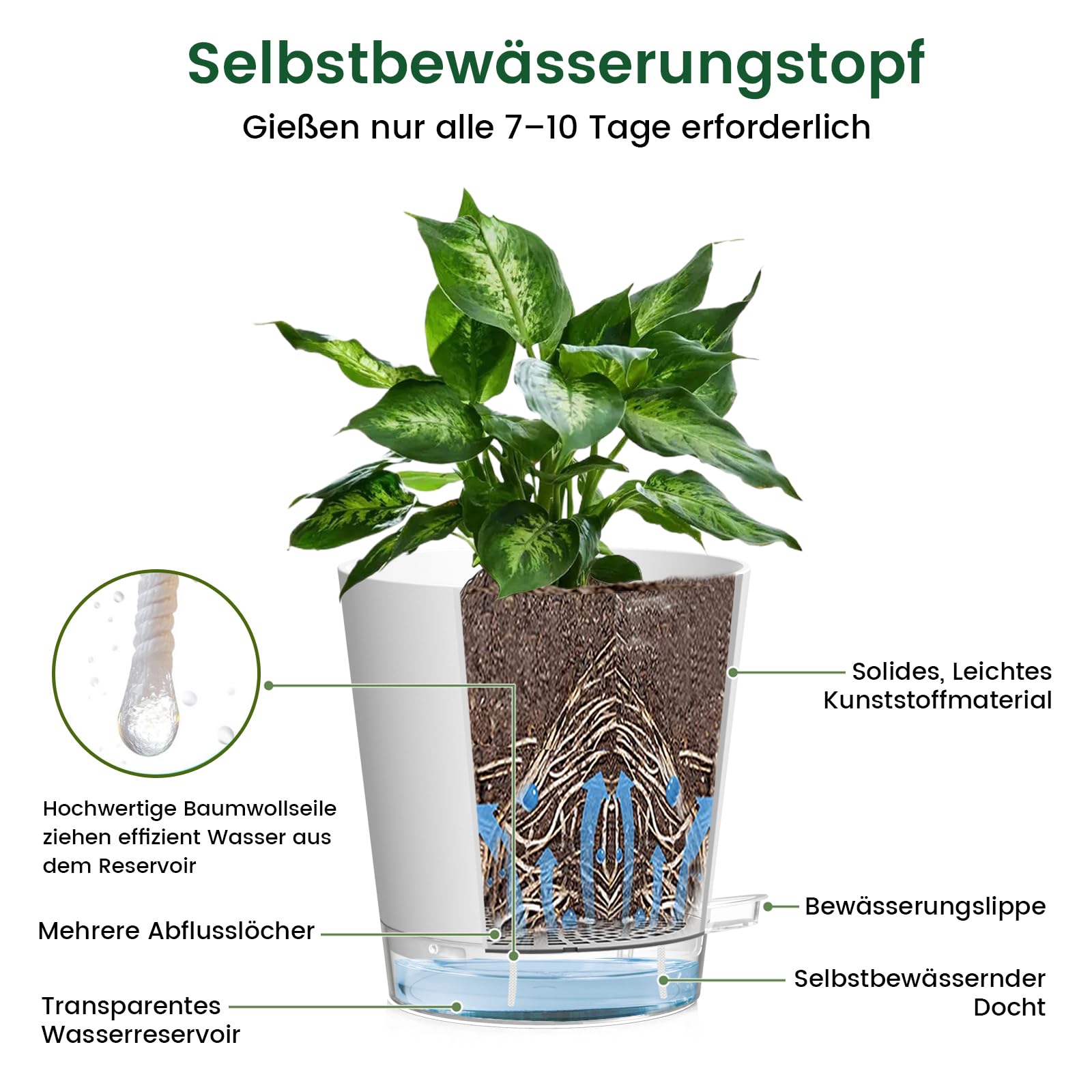 WSMKSZ 7er Set Blumentopf Selbstbewässernd, 20/17,6/16,3/15/13,8/12,5/10,2 cm Kunststoff Pflanztöpfe mit Transparentem Wasserreservoir, Sichtbarer Wasserstand & Abflusslöchern, mit Baumwolldocht, Weiß