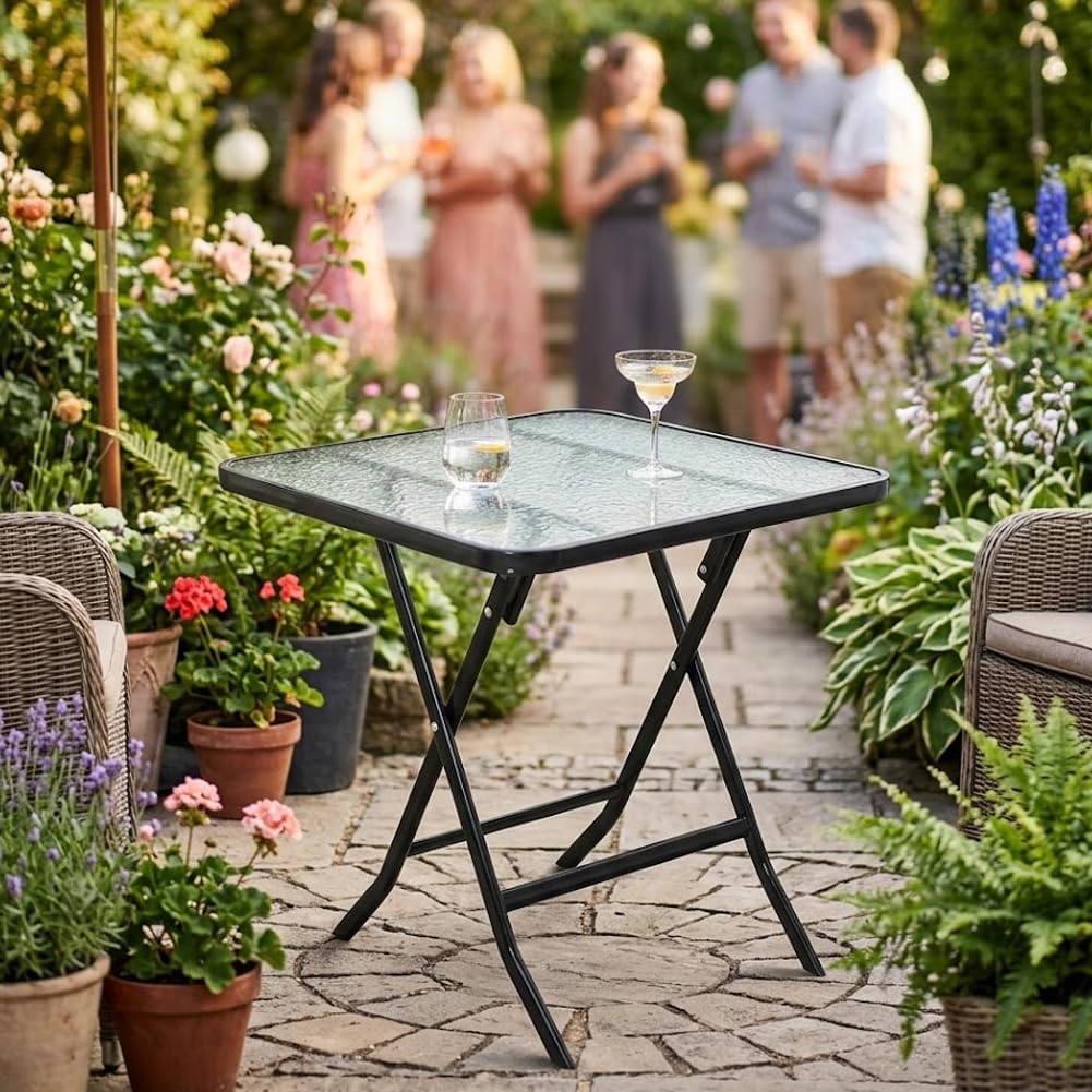BAKAJI Tavolino Pieghevole da Esterno e Interno con Struttura Nera e Piano in Vetro, Tavolo Salvaspazio Richiudibile Ideale per Bar, Ristoranti, Balcone, Giardino, Terrazzo, 60 x 60 x 71 cm (Quadrato)