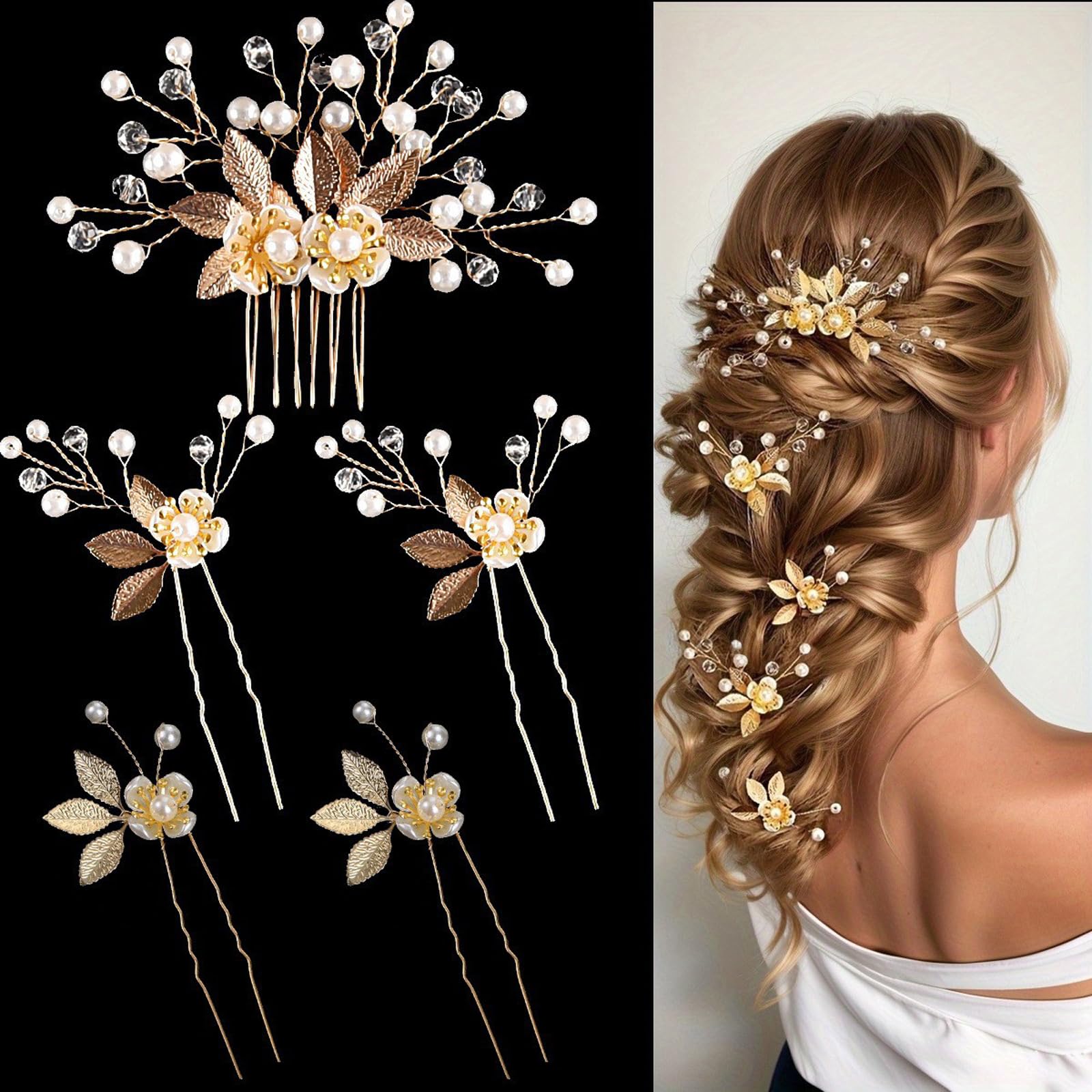 5 piezas de peine y horquillas para el cabello de hoja dorada, accesorios para el cabello de novia, clip de pelo de boda para novias, piezas de cabeza de boda hechas a mano con diamantes de imitación