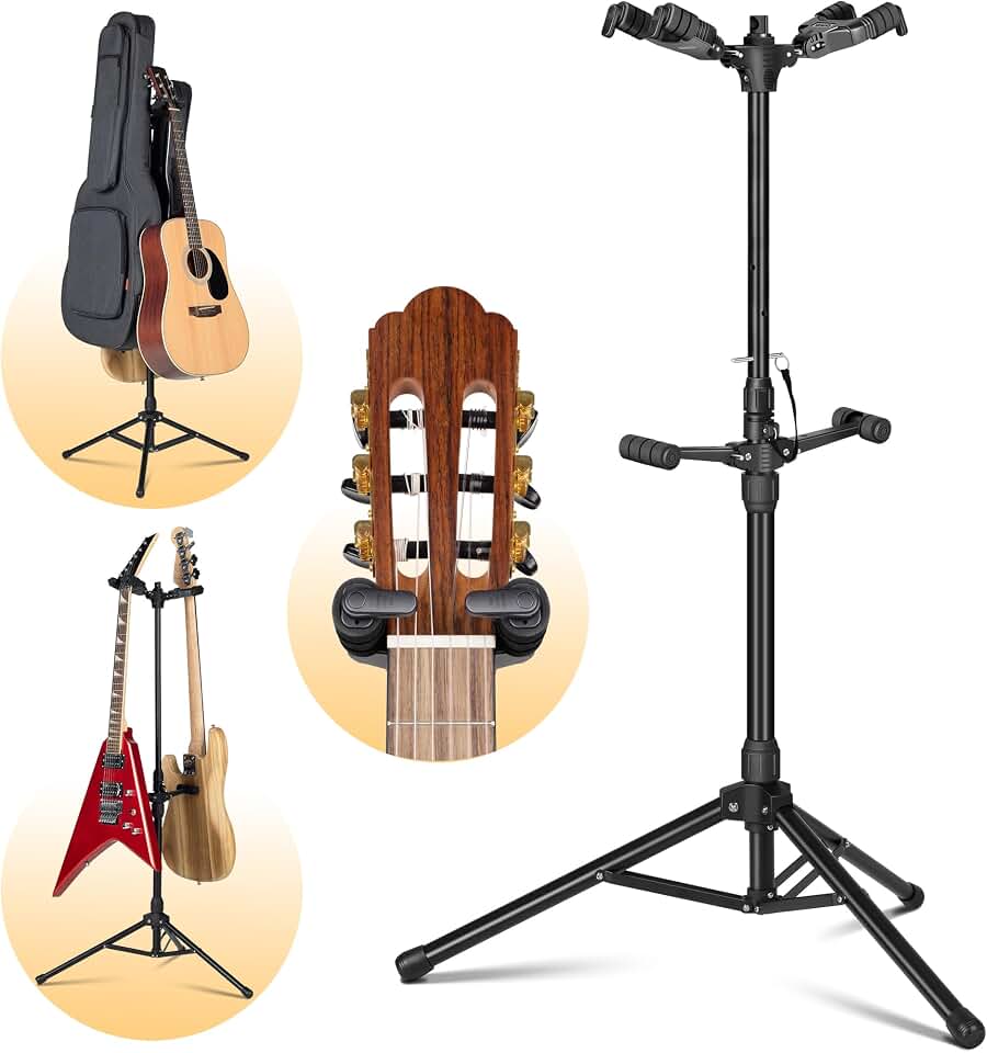 CAHAYA Double Guitar Stand Floor Holds Two Instruments Universal Multi Guitar Holder for Acoustic Electric Classical Guitars Bass