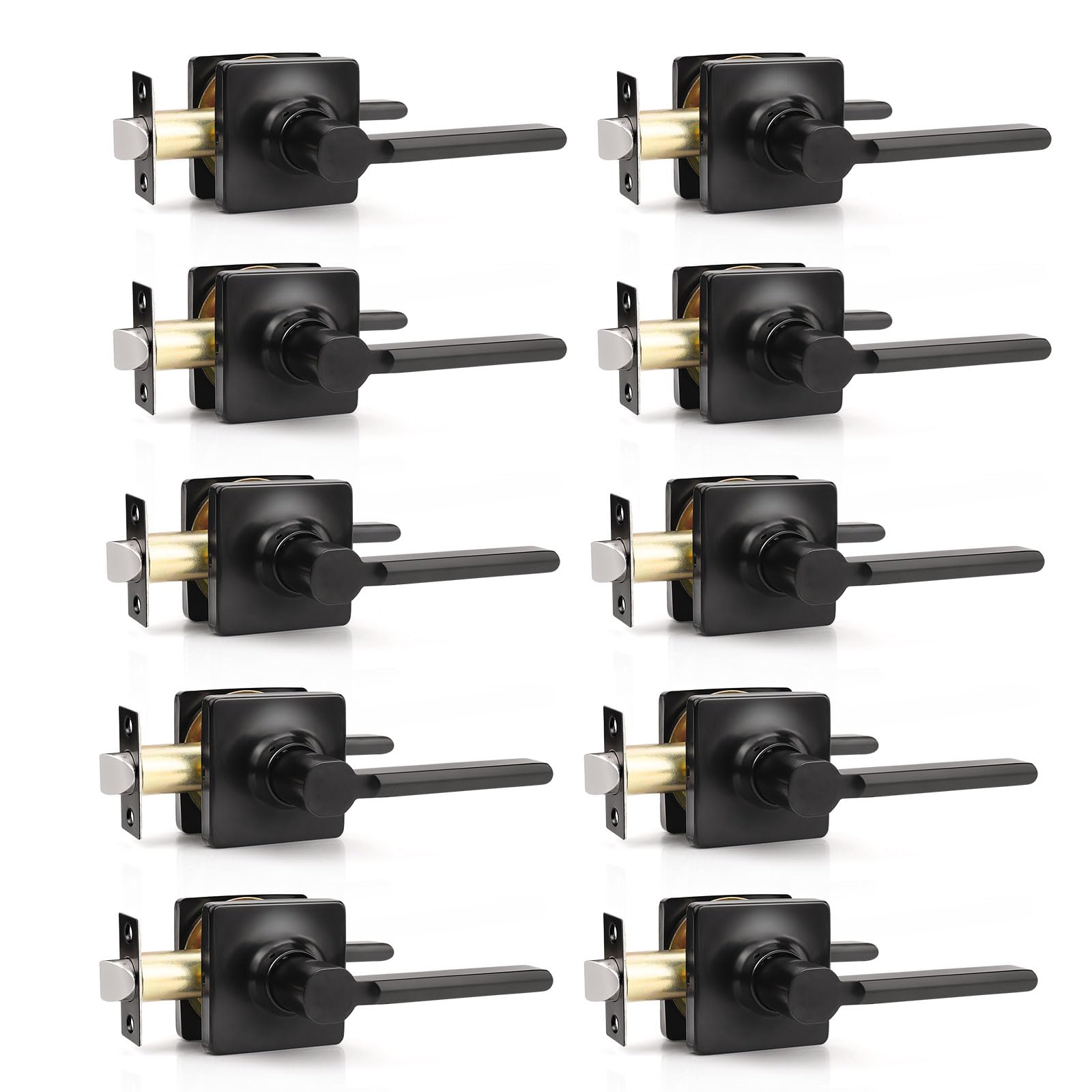 GOBEKOR 10 Pack Black Passage Door Levers Matte Black Interior Door Handle Keyless Closet Door Handles with Lock Passage Door Knobs Black Square Door Handle