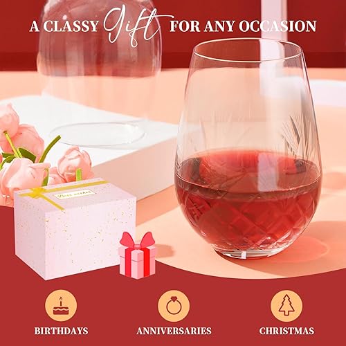 Miniatura 6 de Regalos de vino para mujeres, 1 paquete, copa de vino sin tallo de cristal de 18 onzas para Navidad, copa de vino tinto sin tallo cortada a mano