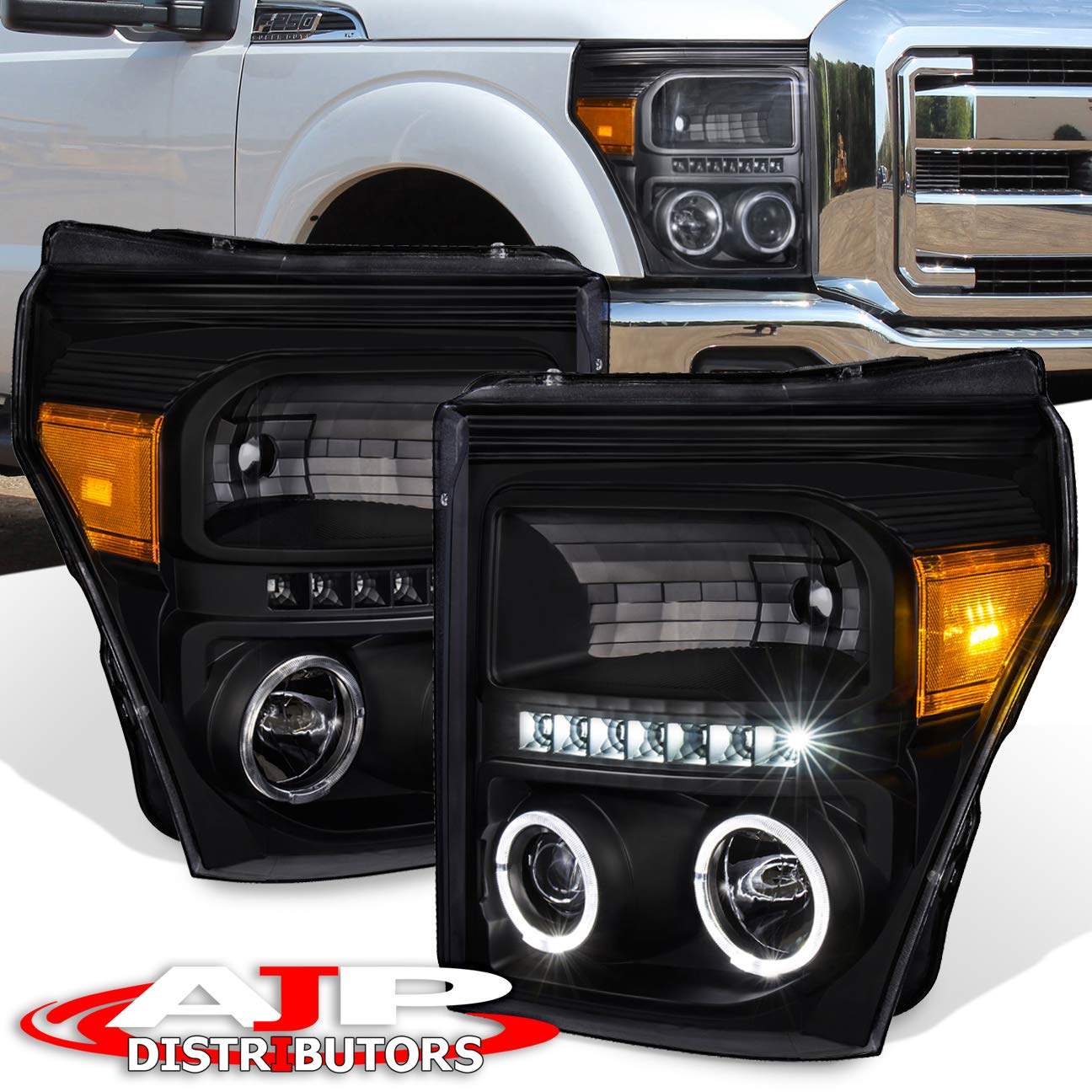 AJP Distributors Projector Dual Halo LED DRL Headlights Head Lights Lamps For Ford F250 F350 F450 Super Duty 2011 2012 2013 2014 2015 (Black Housing Clear Lens Amber Reflector)