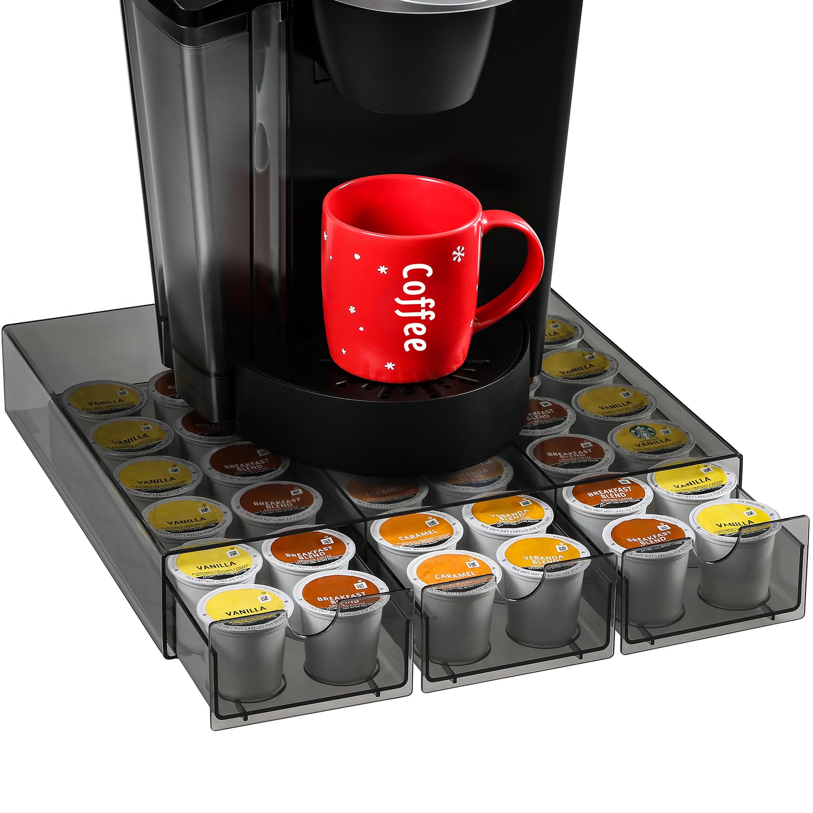Sturdy Acrylic Coffee Pod Holder Organizer for K Cup, Under Brewer Sliding Drawer for K-cup, 36 Pods Storage for Kpods - Coffee Accessories for Keurig/Other Coffee Maker on Counter, Clear Black