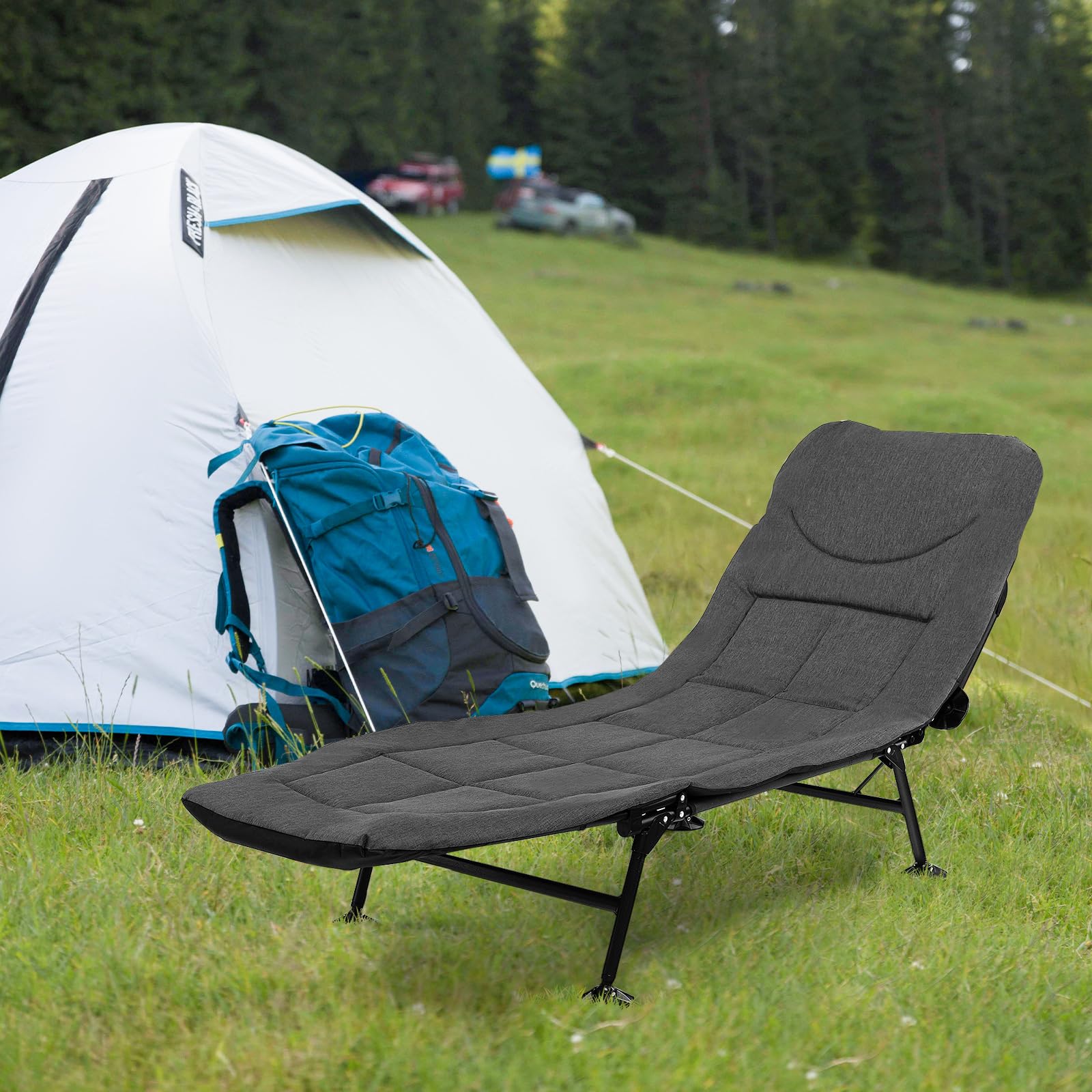 GOPLUS Karpfenliege, Angelliege bis 200kg belastbar, Campingliege Campingbett klappbar mit 6-Fach Verstellbarer rückenlehne & großen Schlammfüßen, Feldbett Klappbett für Angeln Camping