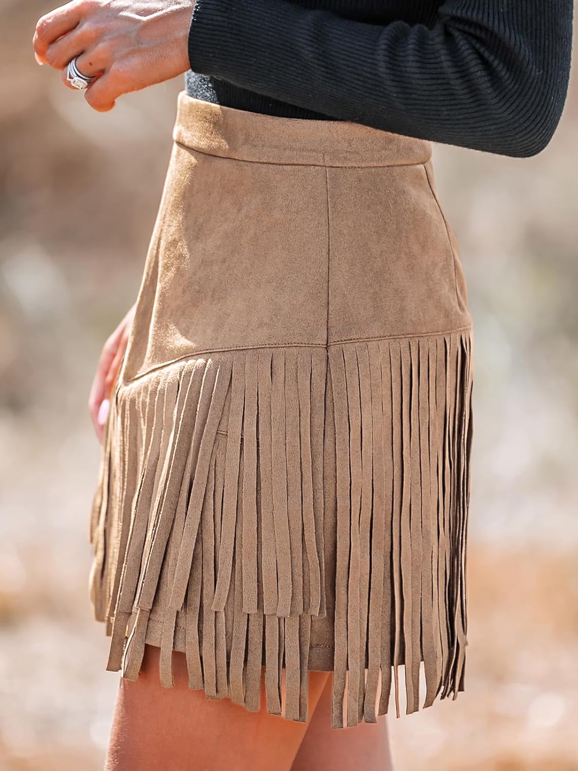 CUPSHE Women Fringe Skirts Western Cowgirl Terra Cotta High Waist Mini Skirt Suede Tassel Short Counrty Concert - Image 5