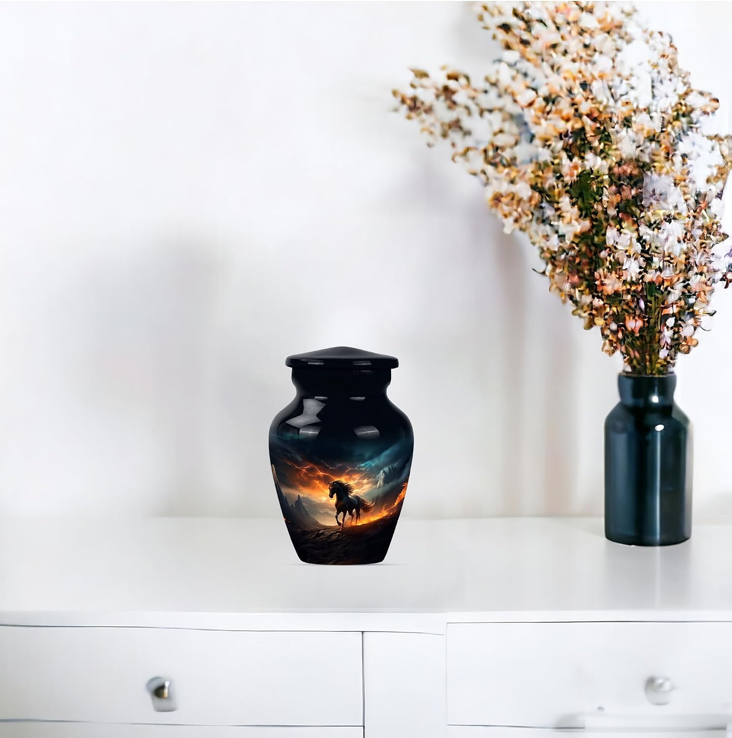 Black Horse and Stormy Sky Urns for Human Ashes Adult Women, Small Funeral Urn for Human Ashes Adult Man, Keepsake Cremation Gift for Decorative 3Inch