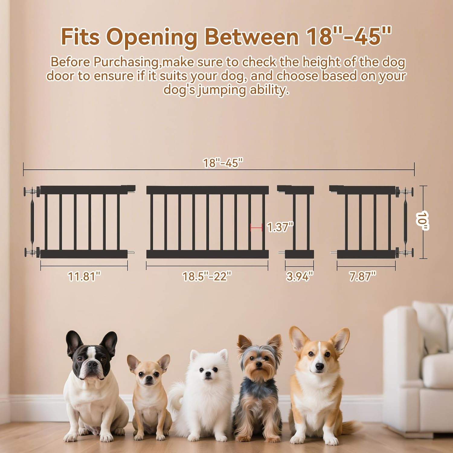 Short Dog Gate,18"-45" Adjustable Extra Wide Metal Dog Gate to Step Over, 10" Tall Small Pet Gate with 3 Extension Kits for Doorway、Stair.
