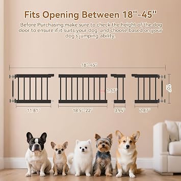 Short Dog Gate,18-45 Adjustable Extra Wide Metal Dog Gate to Step Over, 10 Tall Small Pet Gate with 3 Extension Kits for DoorwayStair.