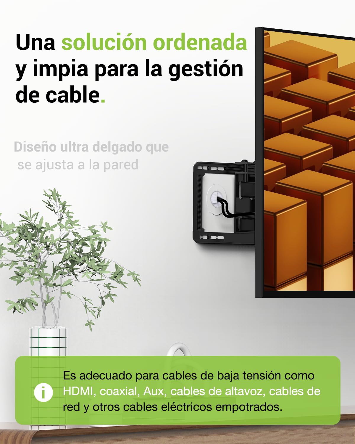 Caja de montaje empotrada, 2 unidades de pasacables, paso de cable empotrado con sierra perforadora, salida pared para televisores montados, cable multimedia, color