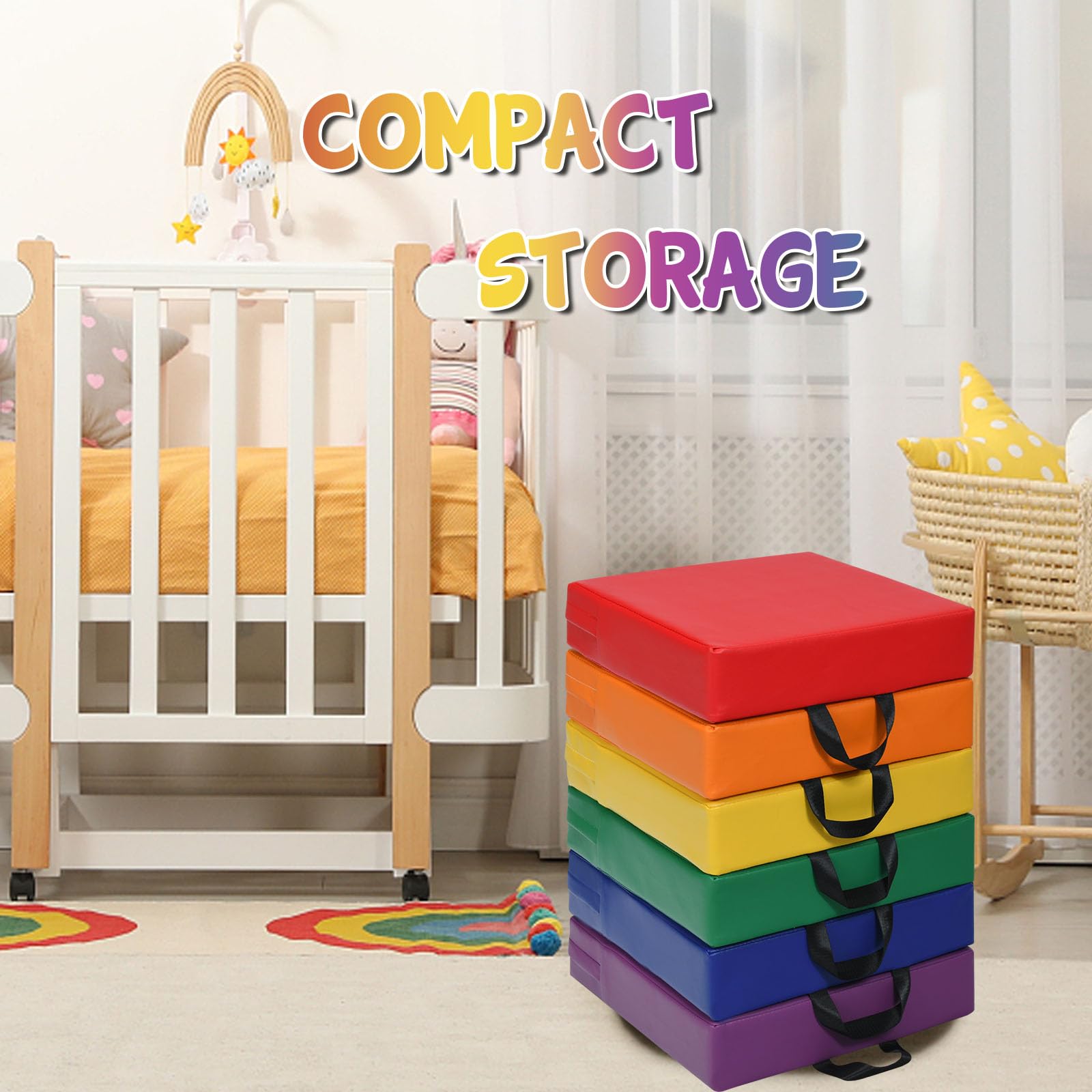 LIFEZEAL Set di 6 cuscini per sedia per bambini, con maniglia, impilabili, in schiuma e poliuretano, per bambini, rotondi/rettangolari, per cameretta dei bambini (Arcobaleno)