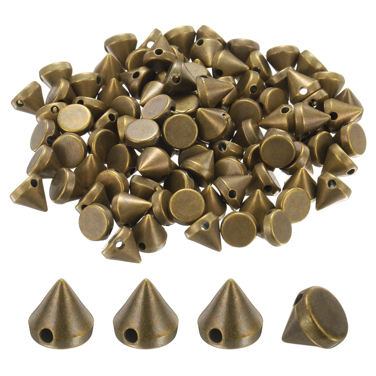 M METERXITY 200-Pack Spike Cone Studs 8x8 mm Plastic Flat Back Sew on Punk Style Spike Stud with Hole for Garments/Shoes/Bags/DIY Leather Craft/Fabric Clothes Bronze Tone