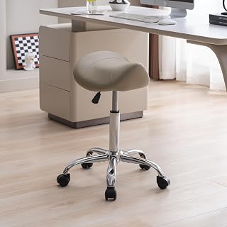 FIRAVOE Swivel Saddle Stool with Wheels, Adjustable 18-26in Rolling Stool, Faux Leather Ergonomic Seat for Salon Spa Clinic Office - Light Grey