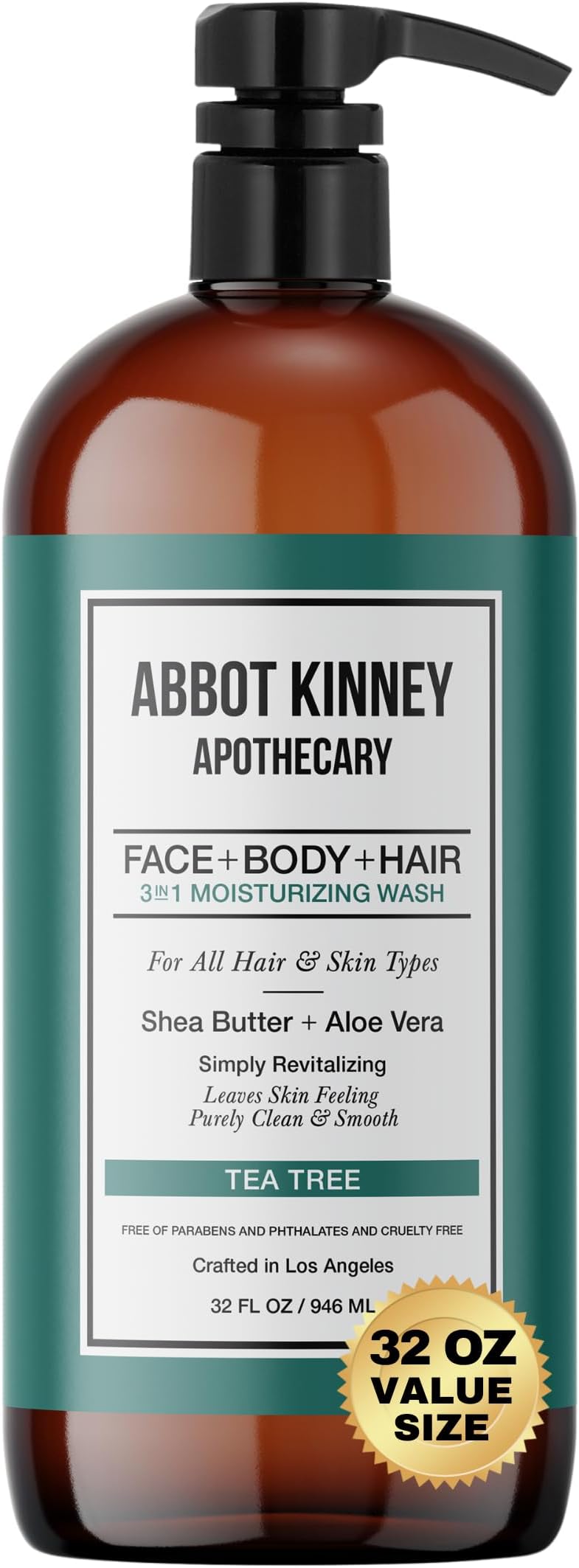 Men's 3-in-1 Wash, Moisturizing Shampoo, Conditioner, and Body Wash for Men, Suitable for All Skin and Hair Types, 32oz (Tea Tree)