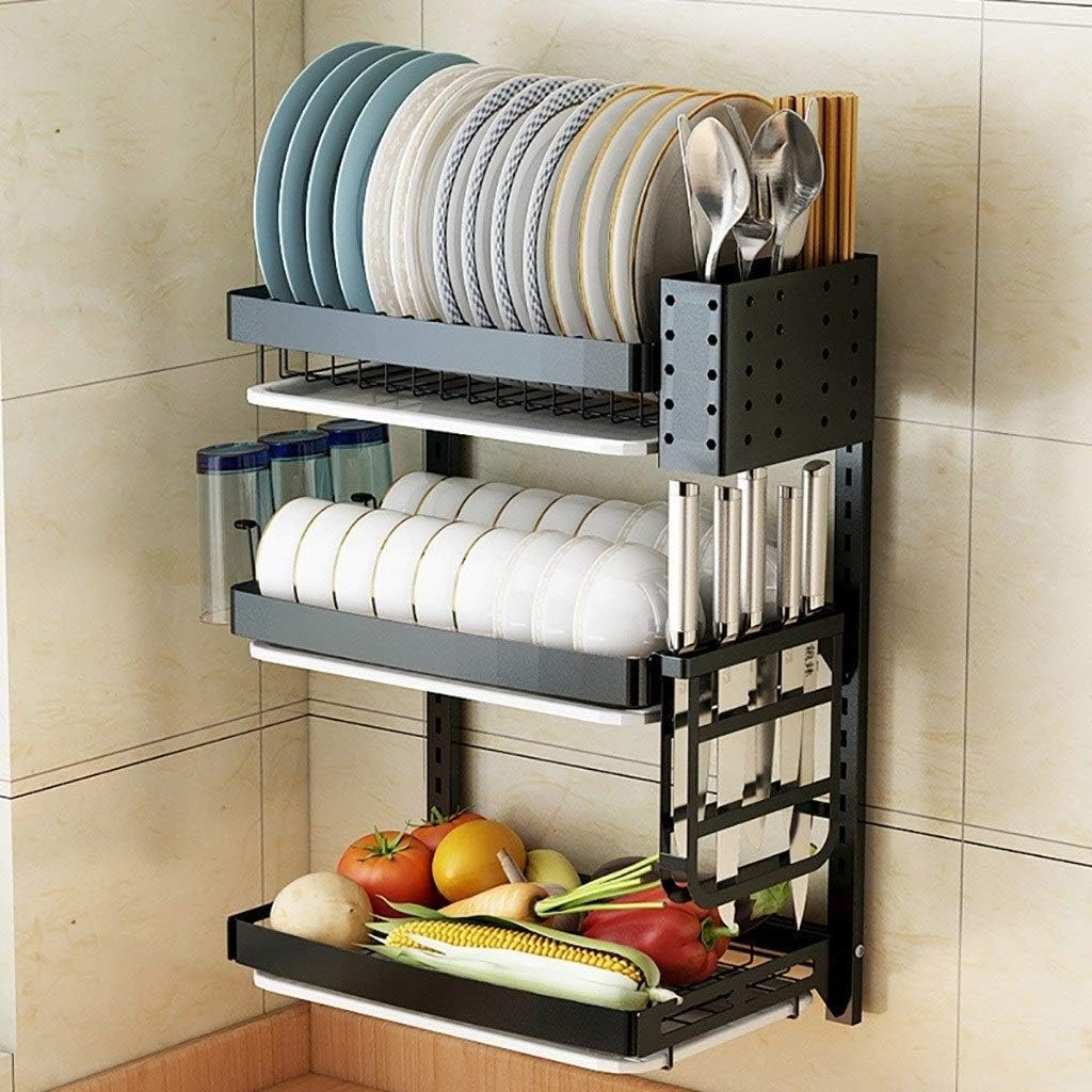 Dish Drying Rack Dish Drying Racks,Wall-Mounted Storage Rack for Drying Dishes,3-Layer Stainless Steel Dish Rack,Kitchen Storage Rack with Chopstick Holder and Holder