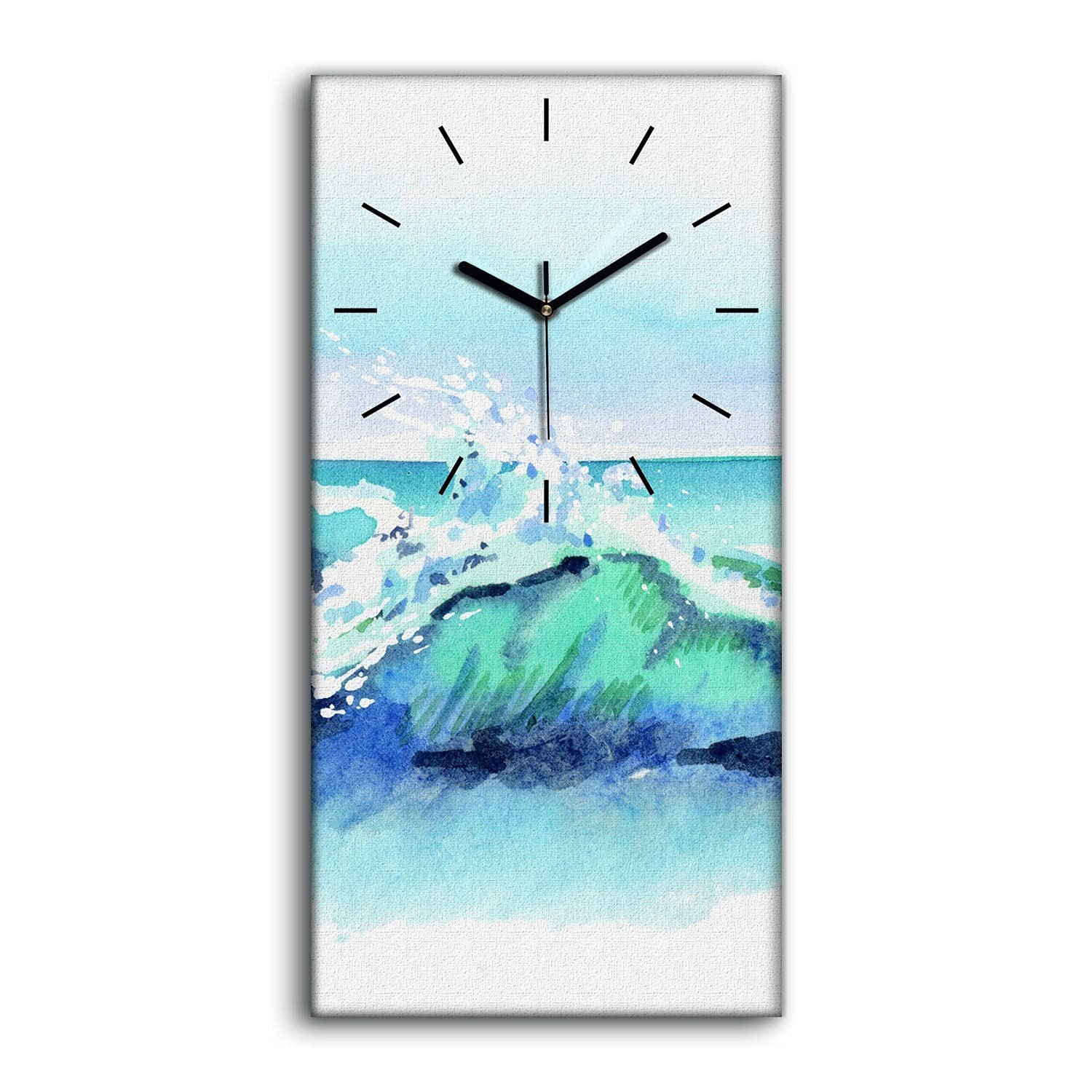 Horloge sur Toile Vague de Mer 30x60cm avec Aiguilles Noires pour Décoration Murale