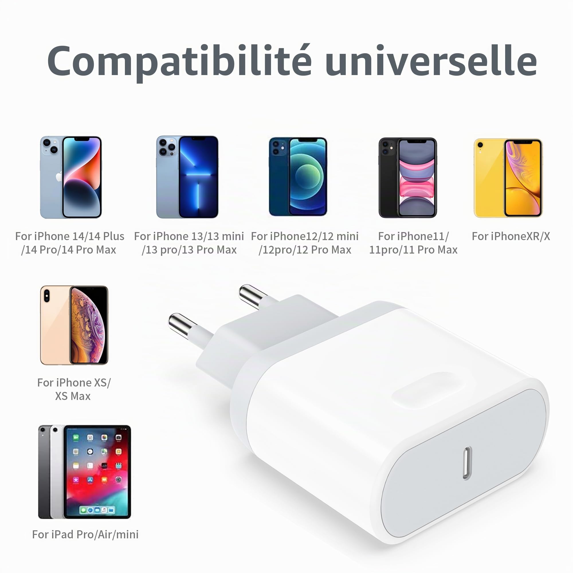 Chargeur Rapide 25W USB C Ecowaare pour iPhone 14 13 12 11 X SE 8 7 6 iPad avec Câble 2M