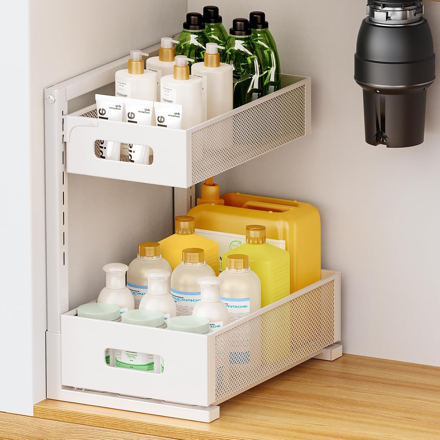Under Sink Organizer 2 Tier, Adjustable Height Under Sink Organizers and Storage, Smooth & Silent Sliding Out Metal Drawer for Kitchen Bathroom Pantry Cabinet Closet (White, 1 Pack)