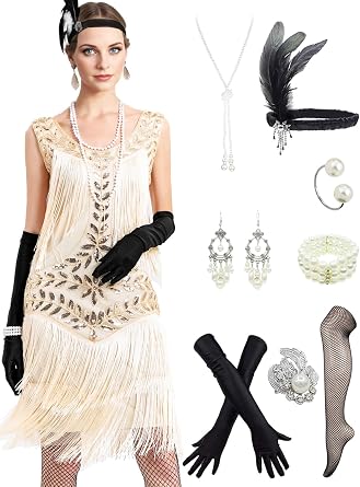 1920s Flapper Frenzy Sequin Fringe Midi Dresses w/Accessories Set