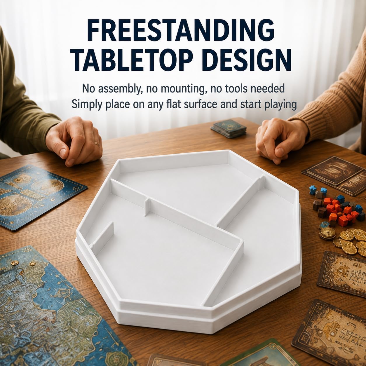 Board Game Piece Organizer with Dividers – Freestanding Card and Token Holder | Tabletop Game Night Storage Tray | Keeps Components Sorted and Game Table Clutter-Free