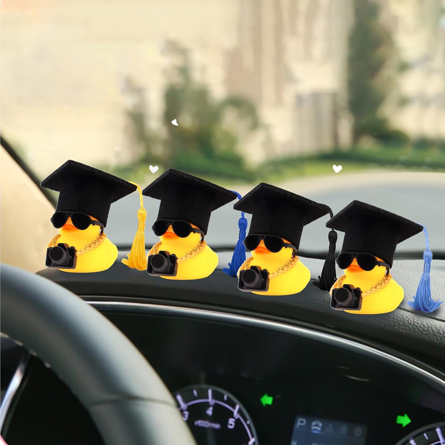 wonuu Graduation Camera Rubber Duck Car Ornaments Duck Car Dashboard Decorations for Cool Car Accessories with Graduation Hat Necklace and Sunglasses, Black