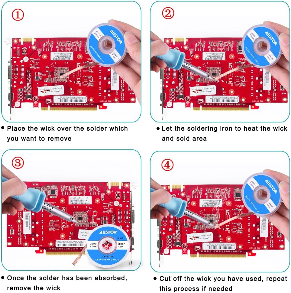 AUSTOR Desoldering Sucker and 6 Pcs Solder Braid Wick (2.0mm/2.5mm/3.0mm Width, 1.5m Length) with Flux - Desoldering Vacuum Pump Solder Removal Tool - - 