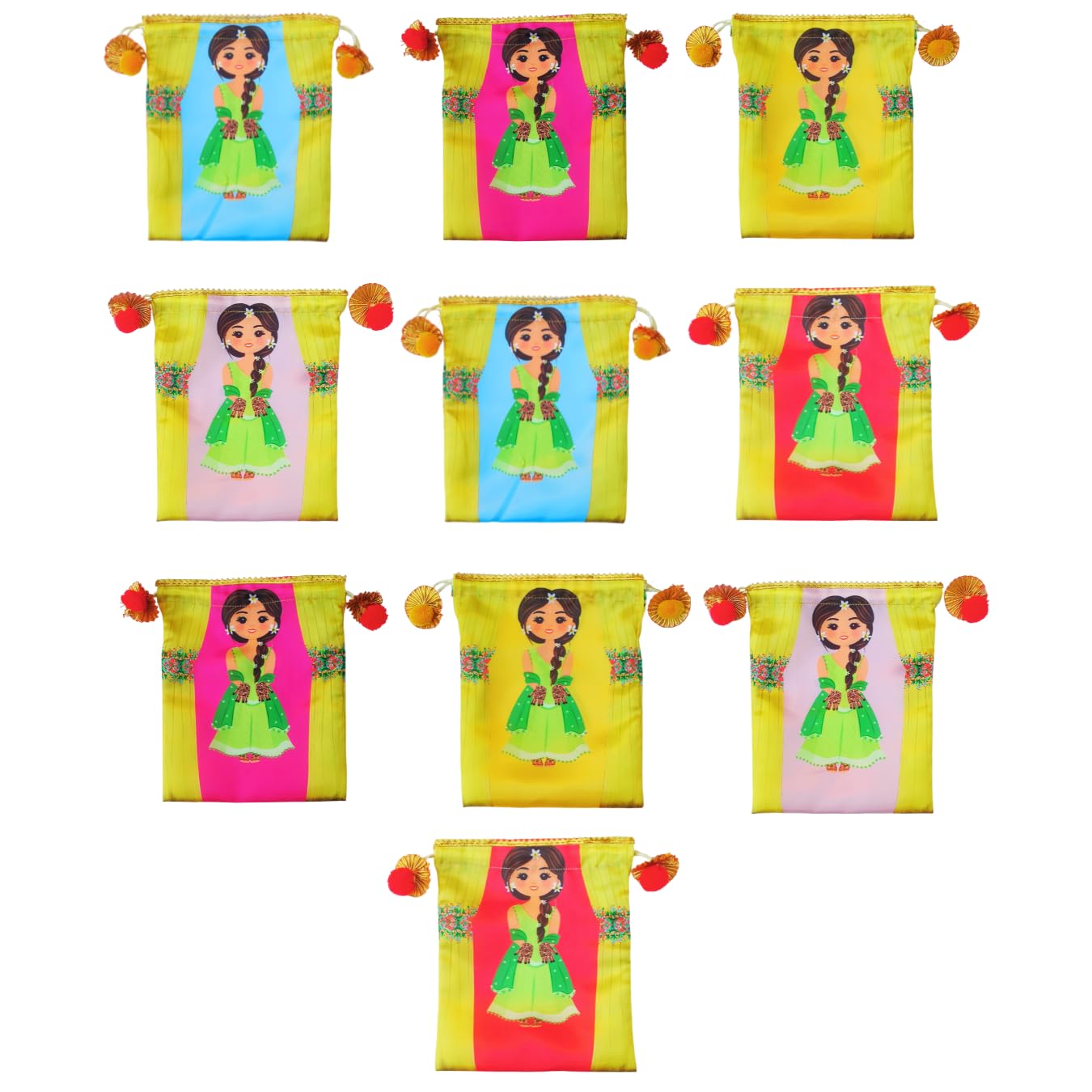 Sri Yagnaa - Pack of 10 - Mehandi Design Potli Bags - Fabric Potli Bags - Women's Silk Drawstring Closure - Gift Pouches - for Return Gifting (Multi-Color)-picture-16