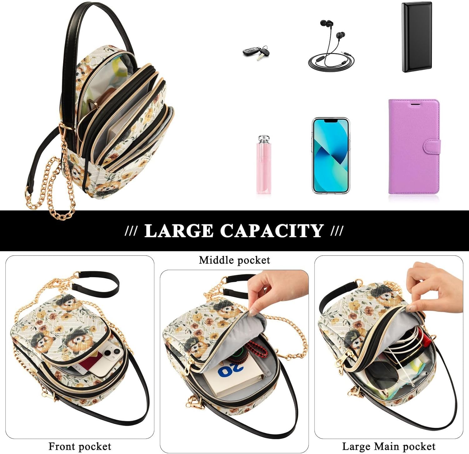 Red Panda Flower Sling Bag for Women, Small Shoulder Bag Crossbody Bag Purse with Chain Strap Top handle 5.91×3.15×8.27 Inches