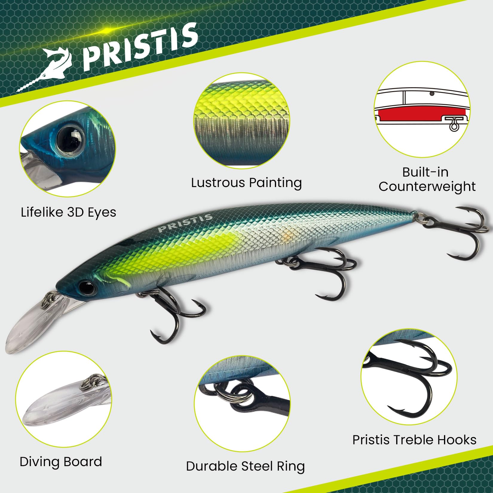 Pristis Minnow Fishing Lure, Long Casting Crankbait with Sharp Treble Hooks, Saltwater Freshwater Hard Bait Set Tackle Kit with Precise Weight & Exquisite Coating for Bass Pike, Azure Green